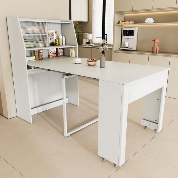 Flieks Esstisch (4 einstellbare Längen, 1-St), ausziehbar 52-132,5 cm Küchentisch mit Stauschrank Sideboard, weiß