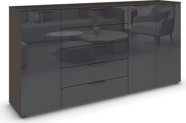 Rauch Möbel Flipp, Kombikommode, Kommode mit Stauraum für Wohnzimmer, Schlafzimmer, Flur, 4 Fachböden, Graphit/Glasfront Basalt, 3-türig, Glastüren, 5 Schubkästen, Griffe graphit, 199 x 100 x 42 cm