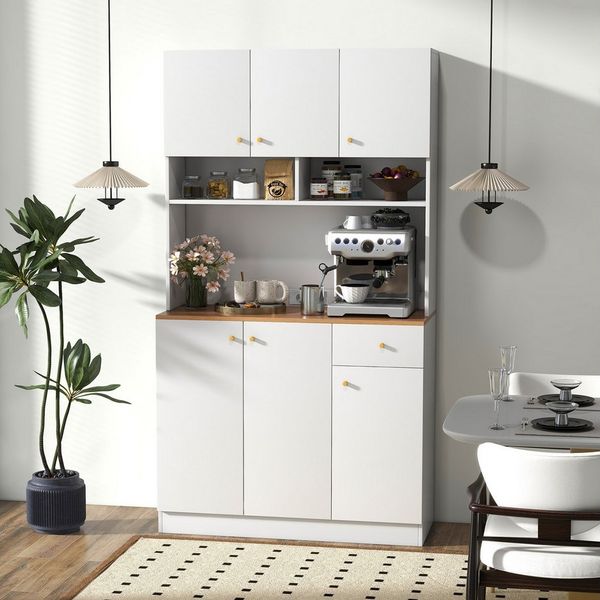 COSTWAY Küchenbuffet Küchenschrank mit Steckdosen, Arbeitsplatte, 180cm weiß