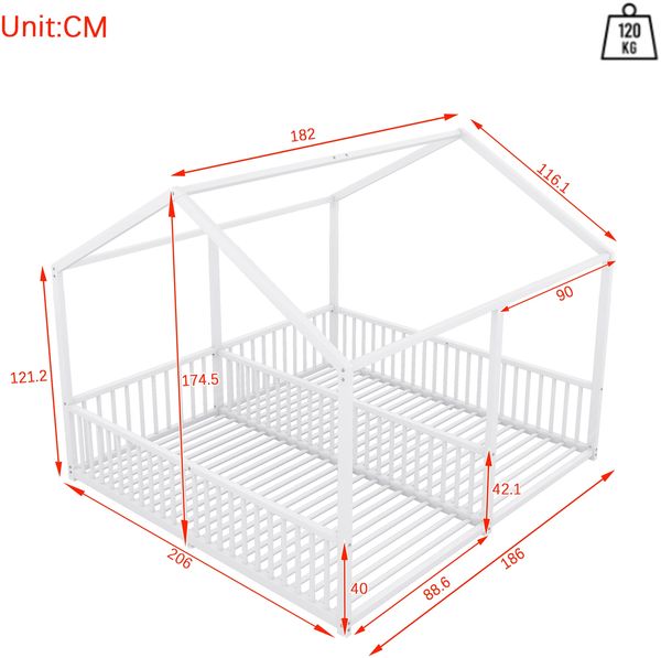 Hausbett Kinder Etagenbett 90x200cm Metallbett mit Geländer und Leiter,Zwillingsbett Doppelbett für Kinderzimmer, stabiler Metallrahmen,Weiß Bild 5