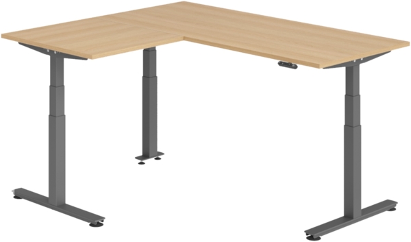 bümö Eckschreibtisch elektrisch höhenverstellbar L-Form: 180 x 160 cm in Eiche, Gestell graphit - Stehschreibtisch mit Memory-Steuerung, elektrischer XXL Schreibtisch für die Ecke, XDSMW-1908-E-G