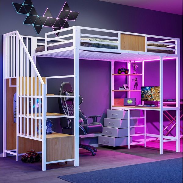 Flieks Hochbett Metallbett 90x200 cm mit Schreibtisch Stauraumtreppe LED und Aufladen
