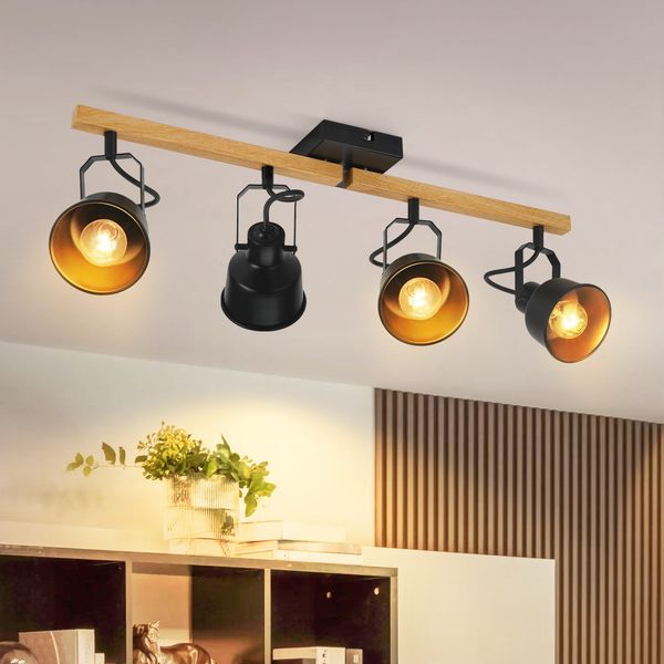 ZMH Deckenstrahler 4 Flammig Schwarz: Deckenlampe Vintage Schwenkbar 350° MAX. 25W E14 Fassung Industrial Holzmaserung Spotbalken für Wohnzimmer Schlafzimmer Büro (ohne Leuchtmittel)