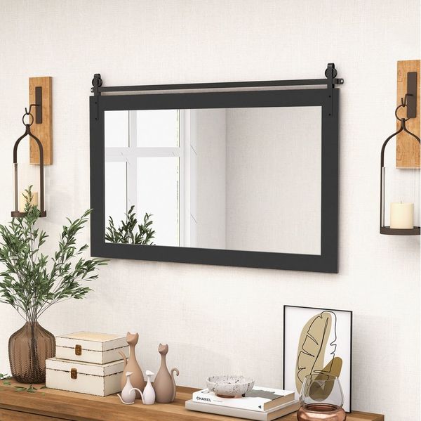 COSTWAY Dekospiegel, Rustikaler Wandspiegel mit Holzrahmen, 100 x 66 cm