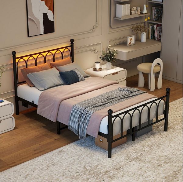 BlingBin Metallbett Metallgestell Funktionsbett Jugendbett Einzelbett LED-Bettrahmen (Metall-Bettrahmen mit Vintage Kopf und Fußplatte, USB-Ladestation, Heavy Duty Stahl Slat Unterstützung, 1-tlg, 120*200 cm, Ohne Matratze, Belastbarkeit maximal: 227KG...
