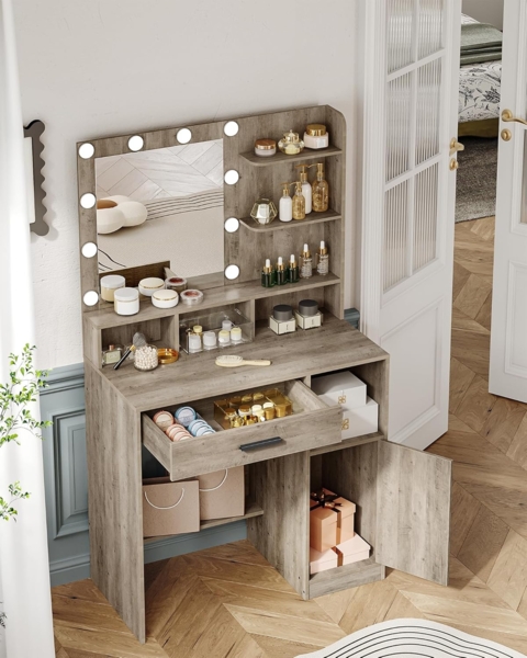Schminktisch mit Spiegel und 10 LED-Leuchten, Schminkkommode mit 3 Ablagen & 4 offenen F?chern, Schminktisch mit Gro?er Schublade & Schrank, 3 Einstellbare Beleuchtungsst?rken Greige
