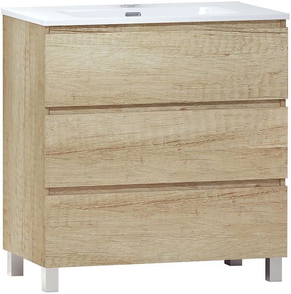Baikal LESI 280034103 Badezimmer mit Beinen, Spiegel mit LED-Licht, DREI Schubladen, Maße Waschbecken: 80 x 76 x 46 cm, Farbe Natur, Melamin 16 mm, 80 x 55 x 46 cm