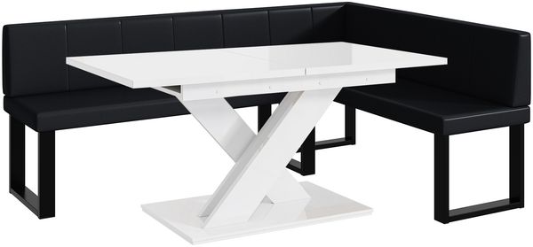 MEBLINI Eckbank für Esszimmer mit ausziehbarem Tisch - Küchenbank - Essecke - Sitzecke Küche - PETER - U-Beine 142x196x87cm Rechts - Schwarz Kunstleder/B Weiß Hochgl.