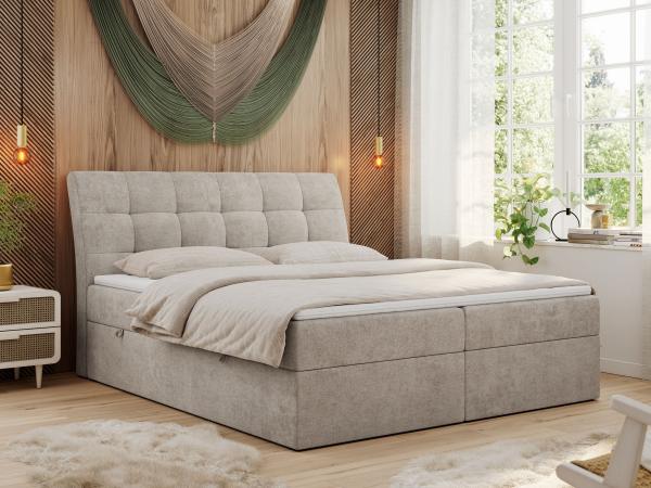 Boxspringbett Polsterbett mit Multipocket-Matratze und Topper - DIEGOS - 140x200cm - Beige Stoff - H3