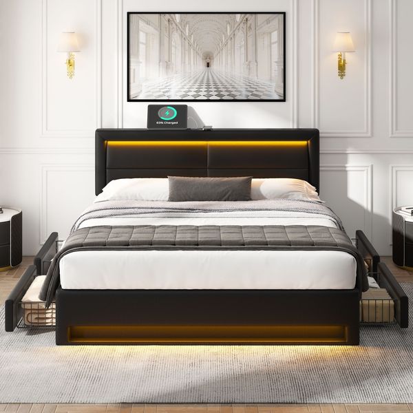 Polsterbett 140x200 cm in PU-Litschi-Optik mit USB-Ladefunktion, LED-Beleuchtung und vier Schubladen, schwarz,Matratzen enthalten