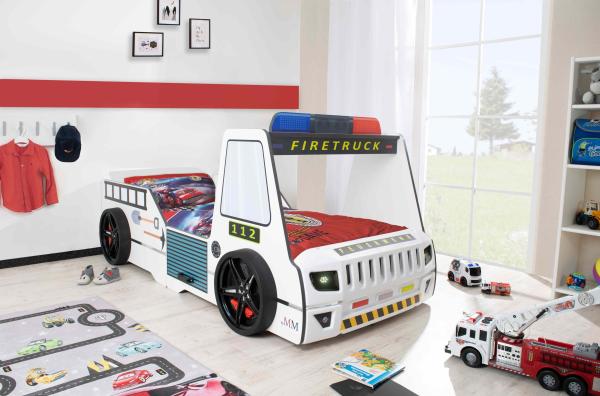 Autobett Kinder 90x200 cm Feuerwehrbett "Rio Firetruck" mit LED-Licht und Sirenenoptik Weiß, Creativ Fresh Plus H2, mit Bettwäsche, ohne Wandregal