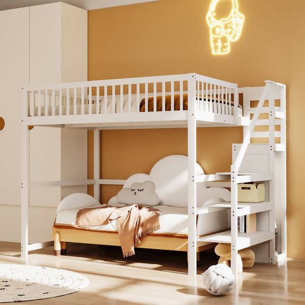 Hochbett 140x200 mit Treppe, weißes Kinderbett aus Holz mit Aufbewahrungsregal, einfacher Kleiderschrank