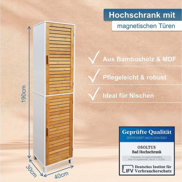 osoltus Bad-Kommode Aarhus 190cm mit 6 Fächern & 2 Türen - moderner Bad-Schrank - Badezimmerschrank - Bad-Regal für Badezimmer & Gäste-WC - Weiß Bild 2