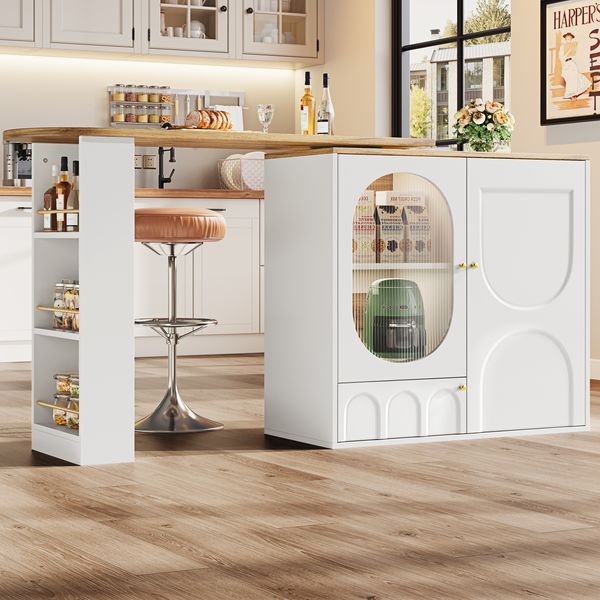 Kücheninsel Stehtisch 204 x 39 x 105 cm MDF Metall Barwagen Aufbewahrung Drehtisch,Weiß & Natur