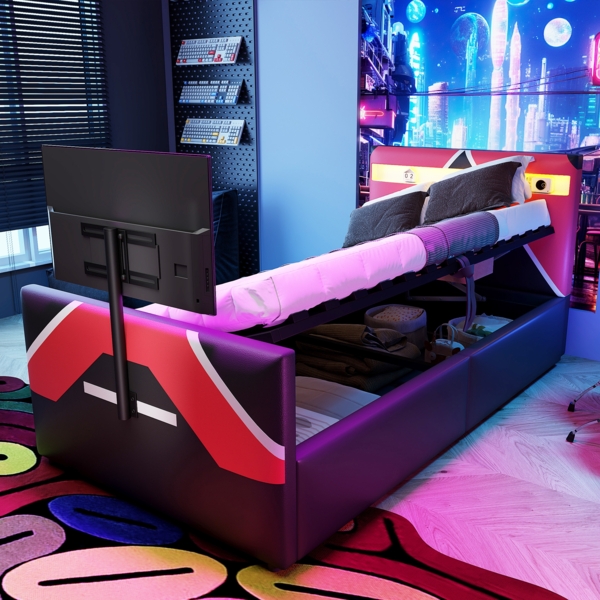Merax Kinderbett 90*200cm E-Sport-Stil mit PU-Lederbezug in Farbblockoptik, LED-Beleuchtung mit Farbwechsel, hydraulischem Stauraum und integrierter TV-Halterung, Rot