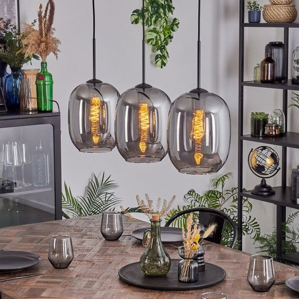 hofstein Hängeleuchte Hängelampe aus Metall/Glas in Schwarz/Rauchfarben, ohne Leuchtmittel, Hängeleuchte im Retro/Vintage-Design (20 cm), 3 x E27, max. 125 cm