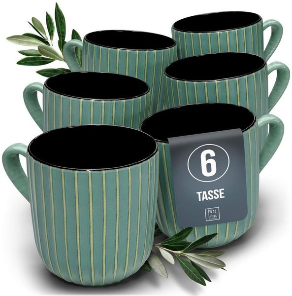 PURE LIVING INTERIOR DESIGN Geschirr-Set Pure Living Becher 6er 460ml »Ribbed«, Steingut, Grün, 6 Personen, Steingut, Mediterrane Handwerksoptik, Reaktive Glasur – jedes Stück einzigartig…