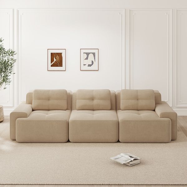 Sofa, Sitzfläche Tiefe 74 cm, Cordstoff beige, modulares Boneless-Design mit Premium-32D-Schaum,293*104*69 cm