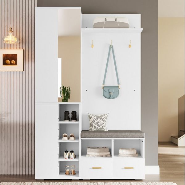 Flieks Garderoben-Set Kleiderstange mit Spiegel, Schuhschrank mit Schubladen & Sitzkissen, (B120xT35xH190 cm, Kleiderschrank mit mit verstellbaren Einlegeböden), Kompaktgarderobe Einganschrank Flurmöbel-Set mit Ablagen Weiß