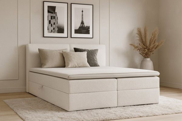 Deine Möbel 24 Boxspringbett LINA Polsterbett Kompletbett Matratzen H3 / H4 (inkl. Topper und Bettkasten, 1-St, Bouclé-Bezug, Farben: Weiß, Creme, Hellgrau, Grau, Schwarz), 140x200 160x200 180x200 200x200