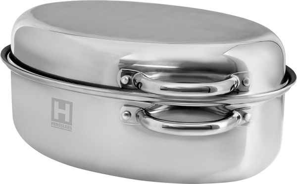 HENSSLERS Bräter Edelstahl 38 cm mit Deckel und Wabenstruktur