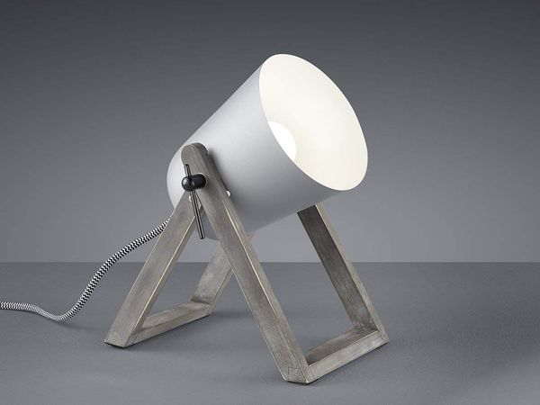 LED Tischleuchte Naturholz mit Metallschirm in Grau, Höhe 21cm