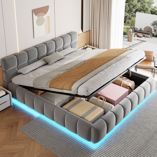 Polsterbett 180×200 cm mit hydraulischem Bettkasten und LED-Beleuchtung, Grau, ohne Matratze