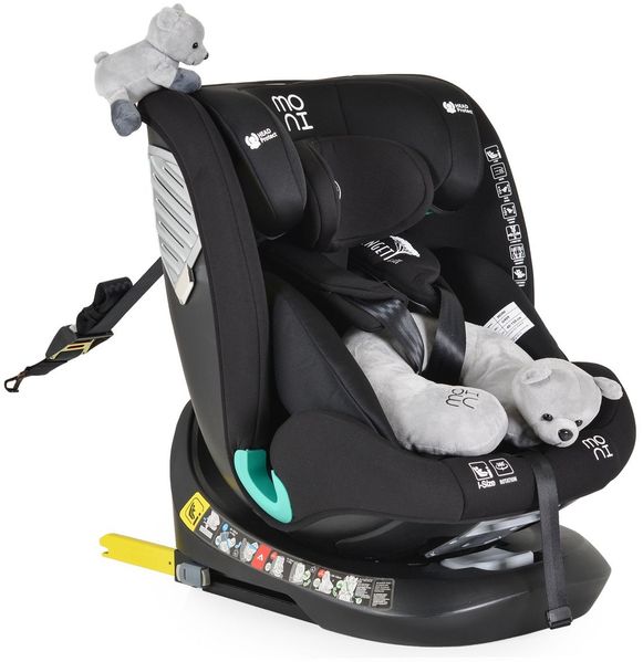 Moni Kindersitz Serengeti i-Size (40-150cm) Isofix, Kuscheltier, Nackenkissen schwarz