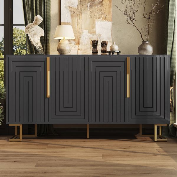 Sideboard aus MDF mit 2 Türen & 4 Fächern, 152 x 40 x 75 cm, Schwarz