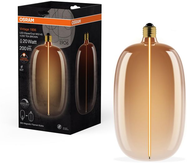 Osram Vintage 1906 Big Elipse Oval ist eine dimmbare LED-Lampe mit Filament in Ellipsenform. Sie bietet 4.8 W für 200 lm, E27 Fassung, Tea Brown Glas, 145 mm Durchmesser, CRI 80, 1800 K.