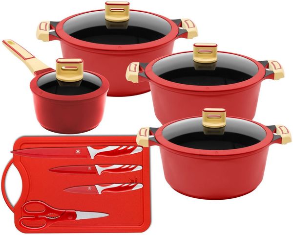 KING Topf-Set GOURMET, Aluminiumguss (Set, 13-tlg, je 1 Kochtopf 18/20/24 cm, 1 Stieltopf 16 cm, Schneidebrett, Messerset), Antihaft-Beschichtung, Induktion