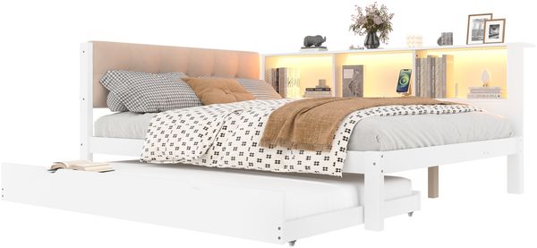Daybett 140x200 cm mit Ausziehbett und LED-Beleuchtung, Weiß, Kiefernholz & MDF, Einzelbett mit USB-Anschluss, Regal und Rollbett Bild 9