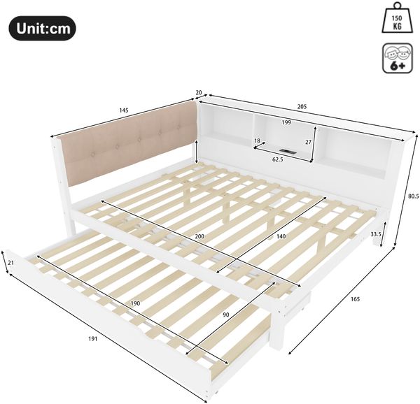Daybett 140x200 cm mit Ausziehbett und LED-Beleuchtung, Weiß, Kiefernholz & MDF, Einzelbett mit USB-Anschluss, Regal und Rollbett Bild 8