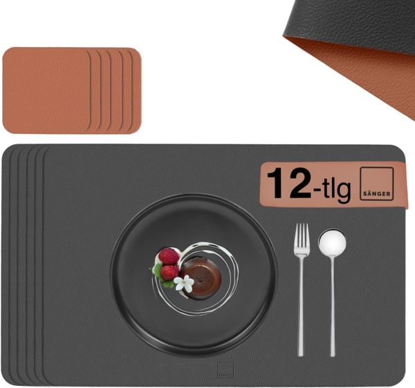 SÄNGER rechteckige Tischsets & Untersetzer aus Kunstleder 12 teilig für 6 Personen, Anthrazit + Braun