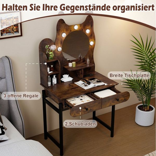 COSTWAY Schminktisch (1-St), Frisiertisch mit Spiegel, 3 Lichtmodi, in Katzenform