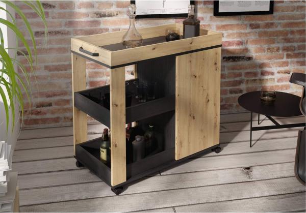 FORTE Home Bar Barschrank mit Rollen, Holzwerkstoff, Schwarz/Braun, 77,4 x 88,2 x 42 cm