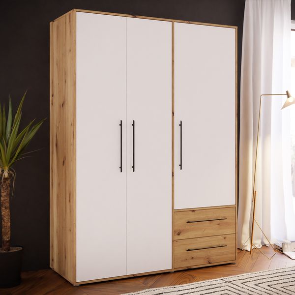 Forte MOKKARIS Kleiderschrank 140 150, moderner Drehtürenschrank, 3-türig, 2 Schubladen, Holzwerkstoff, Weiß mit Artisan Eiche Holzdekor, 144,4 cm breit x 200,1 cm hoch x 58,8 cm tief