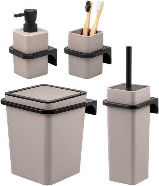 bremermann Bad-Accessoires Set SAVONA 4tlg. bestehend aus 1x Seifenspender, 1x Becher, 1x WC-Garnitur, 1x Kosmetikeimer aus Kunststoff in Taupe