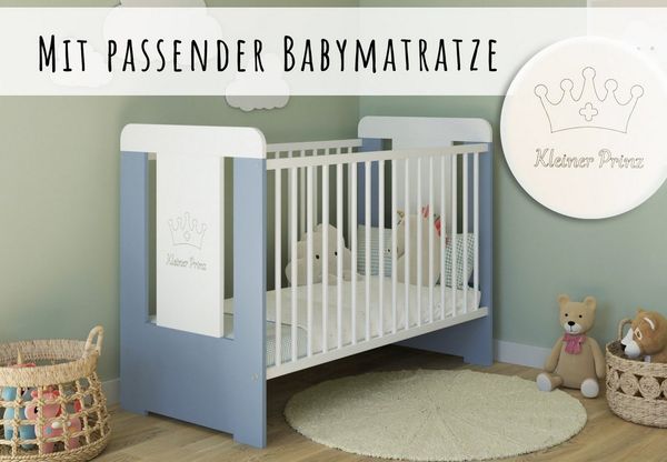 Kids Collective Babybett Gitterbett höhenverstellbar, herausnehmbare Sprossen, Kleiner Prinz Gravur 60x120 weiss Junge, mit Matratze