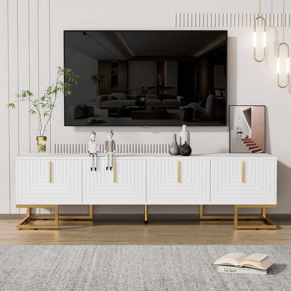 Refined Living Lowboard TV-Schrank, lowboard mit strukturierter Tür, Wohnzimmer Fernsehtisch (1 Artikel, 4 Türen, 170*40*45,5cm, TV Board), TV-Möbel mit Schubladen, goldenen Griffen und goldenen Füßen