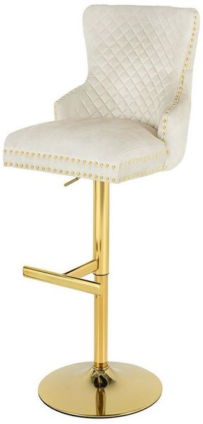 riess-ambiente Barhocker CASTLE DELUXE beige / gold · Barstuhl aus Samt mit Löwenkopf & Nieten (Einzelartikel, 1 St), Tulpenfuß aus Edelstahl in Gold-Optik · Bezug in Chesterfield-Design