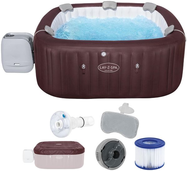 Bestway LAY-Z-SPA Energiespar-Whirlpool Maldives HydroJet Pro, 201 x 201 x 80 cm, 7 Personen, Heizung, Frostwächter, 8 HydroJet-Düsen, 180 AirJet-Düsen, App-Steuerung, Thermo-Abdeckung, Mahagoni, LEDs
