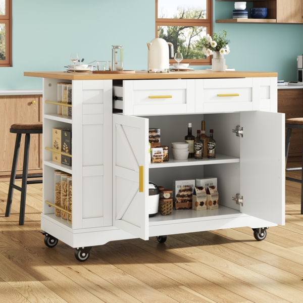 Servierwagen Kücheninsel Weiß, ausziehbar mit Schubladen & Ablage, multifunktional als Esstisch, Beistelltisch oder Küchenwagen, 90cmx120cmx40-65cm