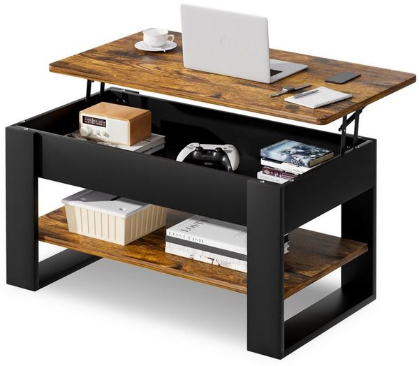 Yorbay Couchtisch Höhenverstellbar 46-60cm mit Gasfeder & verstecktem Fach, Sofatisch mit Stauraum, Wohnzimmertisch, stabil bis 80kg