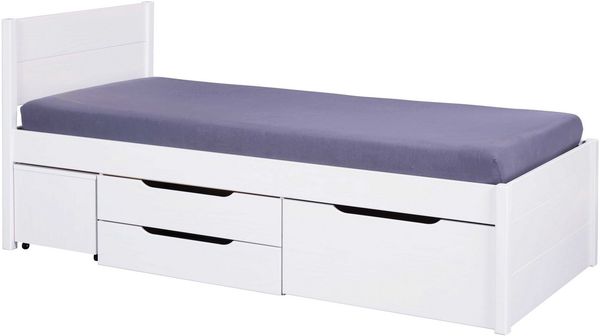 Inter Link -Bett mit Schubladen - Einzelbett 90x200 cm – Kojenbett mit Stauraum – Praktisches Jungendbett – Kiefer massivholz – Weiß lackiert – Inkl Lattenrost – Efetivo 90x200 cm