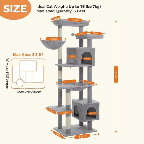 PAWZ Road Kratzbaum 175 cm Katzenbaum XXL, Extra großer Kratzbaum für große Katzen
