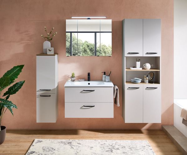 Saphir Hochschrank Quickset 500, Badschrank 61,6 cm breit, 4 Türen 4 Einlegeböden, 1 offenes Fach, Badezimmer-Hochschrank