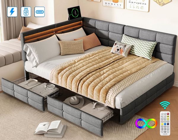 ADWOLT Schlafsofa Daybett Polsterbett Mit LED-Licht und USB-Anschluss, Set 1 Teile, 140x190 cm,Mit 2 Schubladen,Leinenstoff-Grau