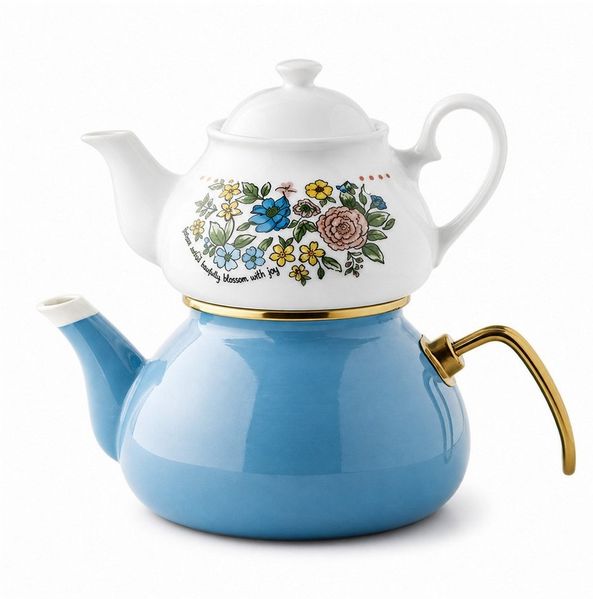 English Home Caydanlik-Teekanne Lively Porzellan-Teekanne (aydanlık) 0,85+2,2 l Blau, (2-St, 2-teilig (Unterkessel + Teekanne), Emailliertes Porzellan-Çaydanlık 0,85+2,2 L, Blau