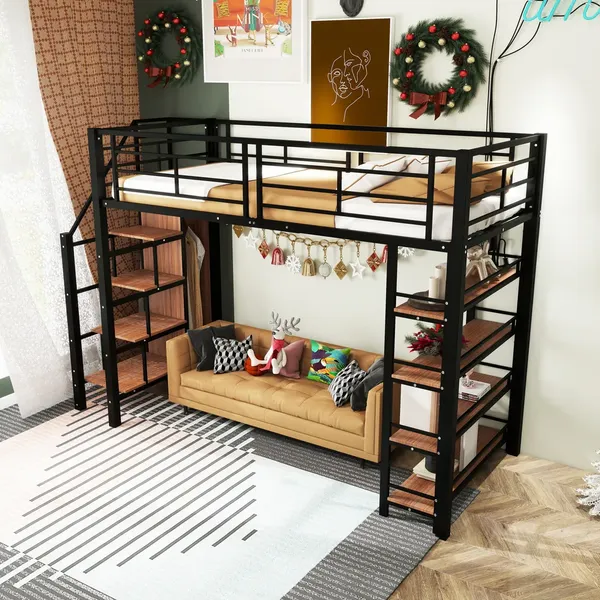 Hochbett mit Rausfallschutz, Treppe, Kleiderschrank und Regal, 90x200 cm, Metallbett